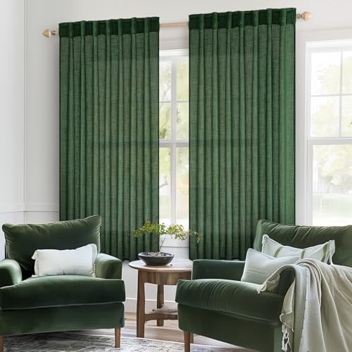 MIULEE Emerald Green Short Curtains 63 Inch Length 2 Panels for Kitchen Bedroom, Christmas Soft Thick Linen Textured Living Room Window Drapes Semi Sheer Light Filtering Back Tab Burlap Look Decor