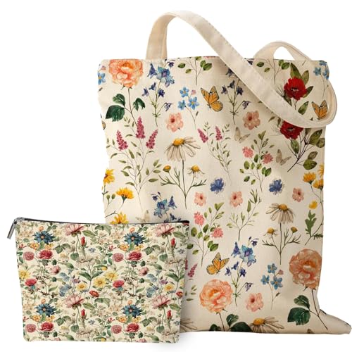 ZXTGBQ Tote Bag, Flores Bolsa de Compras con Bolsillo Interior, Bolsa de Tela Reutilizable, Bolsas de Tela Bonitas, para Damas, Amigas, Cumpleaños, Aniversarios, Día de la Madre