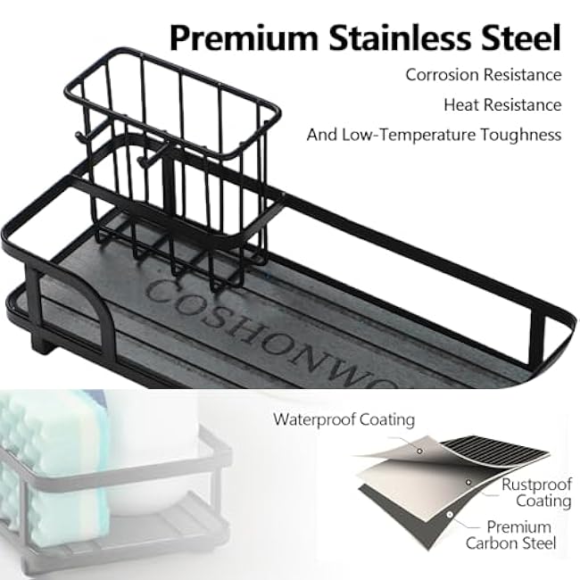 Stone Sponge Holder for Kitchen Sink Caddy with High Brush Holder,Water Absorbent Diatomite Quick Dry Kitchen Sink Organizer, 304 Stainless Steel Rustproof