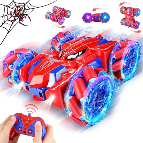 Kssvzz Carros remotos Spider - 2,4 Ghz Volteretas 360 camião monstro de dupla face para crianças de 4 5 6 7 8 anos, 4WD RC Stunt Car com luzes legais, aniversário Natal presentes brinquedos para