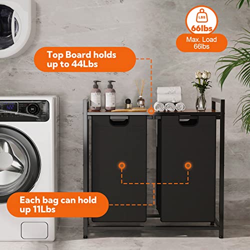 Amhancible Laundry Basket,Laundry Hamper Double,Laundry Sorter 2 Section,2 Removable Oxford Fabric Bags 48L X 2（13 X 2Gal), Steel Frame And Top Shelf,28.7 X 11.8 X 28.5 Inch,Rustic Brown/Black #TOP1