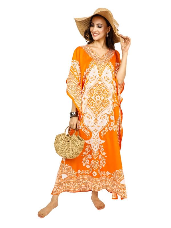 Art Of Creation Women Kaftan Dress LongNight Gown Maxi Plus Size Printed Caftan Dresses Beach Cover Up Laies Tunic Kaftans Loungwear (Orange)