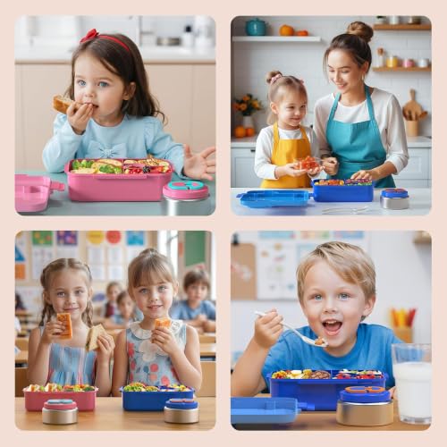Image of DaCool Upgraded Kids Lunch Box with Thermo for Hot Food 1400ml Child Bento Box for Kids with 5oz Small Thermo for Boys Girls with Fork Spoon Leakproof for Dining Out School Work Picnic, Blue