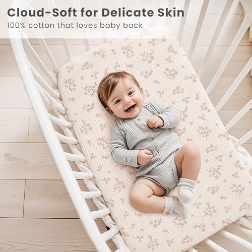 Image of Konssy 2 Pack Muslin Bassinet Sheets for Boys, Girls, 100% Cotton Soft Breathable Fitted Bassinet Mattress Sheet, 33 x 21 inches (Soft Blooms,Taupe)