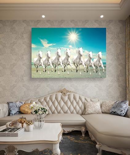 Elegance vastu 7 white running horses with sunrise big size canvas painting picture photo decorative modern art for living room office gifts Painting size- 30 length x 20 height inch