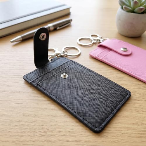 Image of 2 Pack Slim Credit Card Holder Back /Front Pocket Purse Wallets, Faux Leather ID Badge Holders for Carrying Keys, Metro Cards, with Metal Clasps&Key Rings (Black, pink)