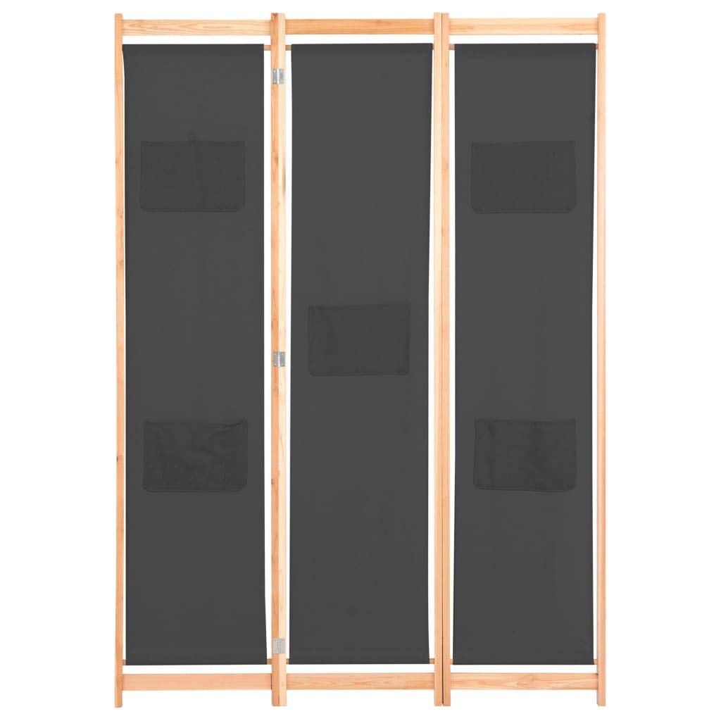 vidaXL Divisorio a 3 Pannelli con Tasche Autoportante Paravento Separé Privacy Stanza Grigio 120x170x4 cm in Tessuto e Massello Abete