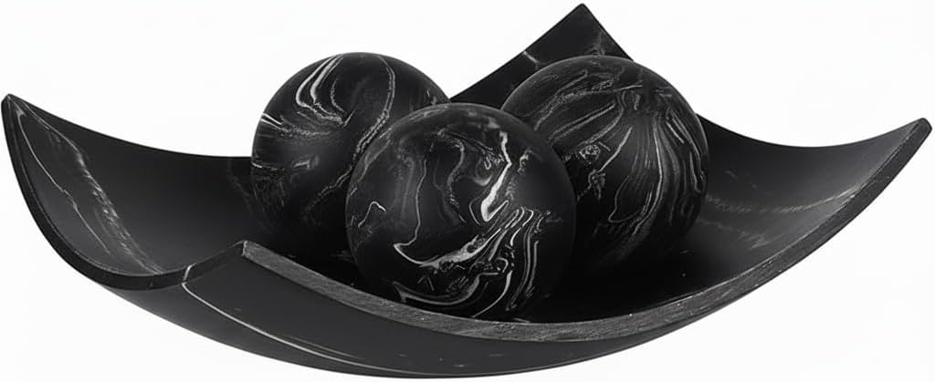 Creative Scents Black Marble Look Decorative Bowl with matching Set of 3 Balls (2.75”) for Coffee Table Centerpiece, Dining Table, Living Room