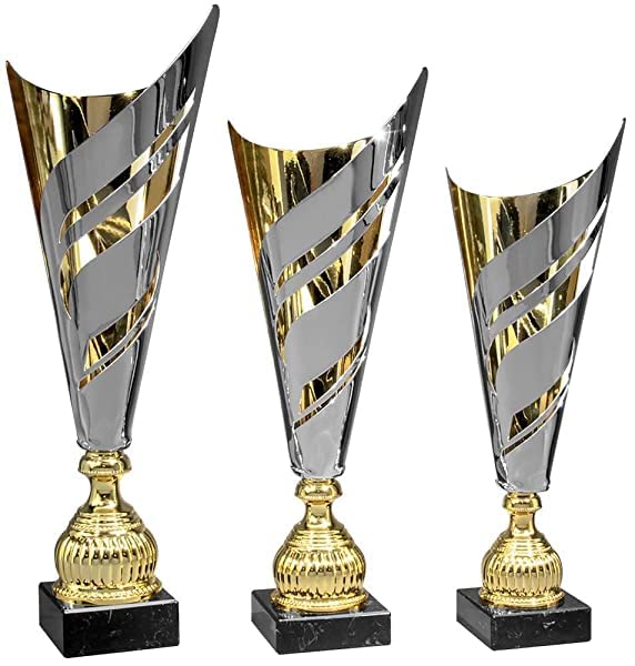 Pokal Ben Silber-Gold mit Wunschtext - Großer Siegerpokal Gravur - 53,5 cm | Individueller Ehrenpreis für Sport und Turnier, edle Optik, als 3er-Serie wählbar, Gravurplatte, Höhe 53,5 cm, Siegerehrung