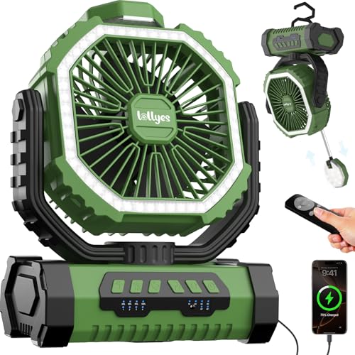 Ventilateur Brumisateur de Camping 20000mAh, Ventilador Portátil Recargable con Mando a Distancia y 360 ° Gancho Giratorio, 4 Velocidades Para Interior, Viajar, Tienda de Campaña, Pesca (Verde)