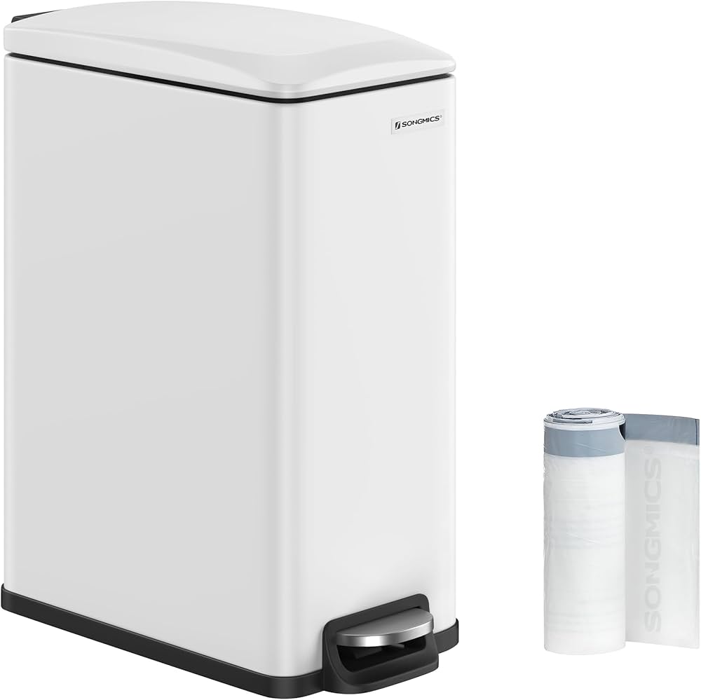 SONGMICS White Stainless Steel Slim Trash Can