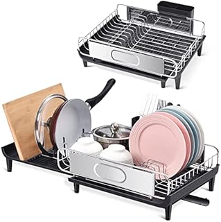 APEXCHASER Expandable Dish Drainers Rack, Foldable Stainless Steel Dish Rack with Raised Fence,Dish Drying Rack with Swivel Drainage Spout,Non-Scratch Plate Rack with Removable Cutlery Holder