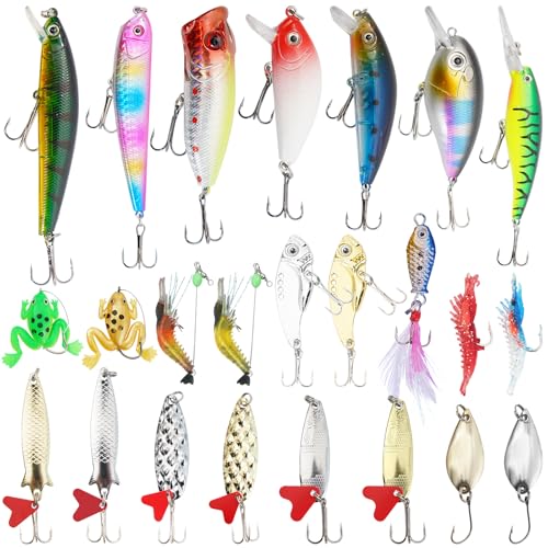 24-Piece Fishing Lures Kit, Surprise Fishing Bait Set With Poppers, Minnows, Crankbait, Frogs & Shrimp, Freshwater Saltwater Fish Tackle Gear Gifts for Men Dad Husband