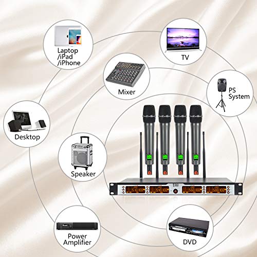 XTUGA SKM4000PLUS 4 x100 Channel UHF Wireless Handheld Microphone System with Selectable Frequencies Prevent Interference, Use for Family Party, Church, Small Karaoke Night (Range:200-320Ft) - Thumbnail 6