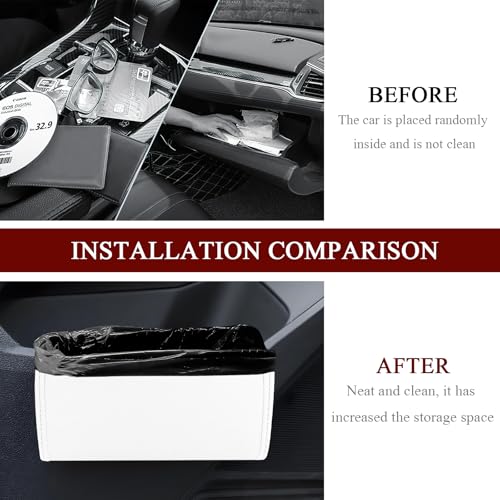 Image of Hovom Car Trash Can, Leather Waterproof Automotive Garbage Can with Trash Bag, Hanging Mini Vehicle Trash Bin, Small Auto Door Organizer Storage Pouch, Universal Car Accessories (White)