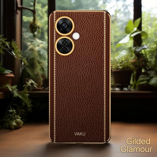 Image of Vaku Luxos Luxemberg Back Cover for OnePlus Nord CE 3 Lite 5G with Leather Pattern Gold Electroplated Soft TPU Cover Shockproof Protective Case- Brown