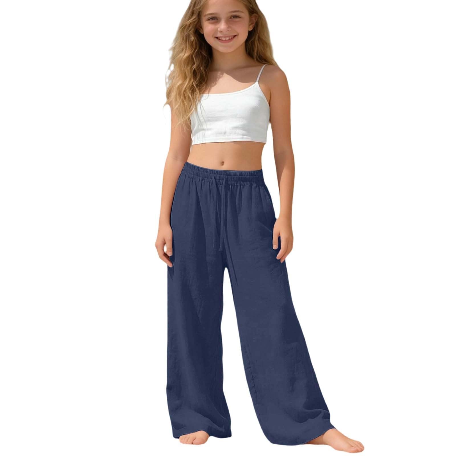 Pantaloni Lino Ragazze Lunghi Larghi Pantaloni Sportivi per Ragazzi Lino Cotone Leggero Pantalone con Fiocco Vita Alta Gamba Dritta Eleganti Pantalone Bambini Ragazzo Y2K Streetwear per Spiaggia