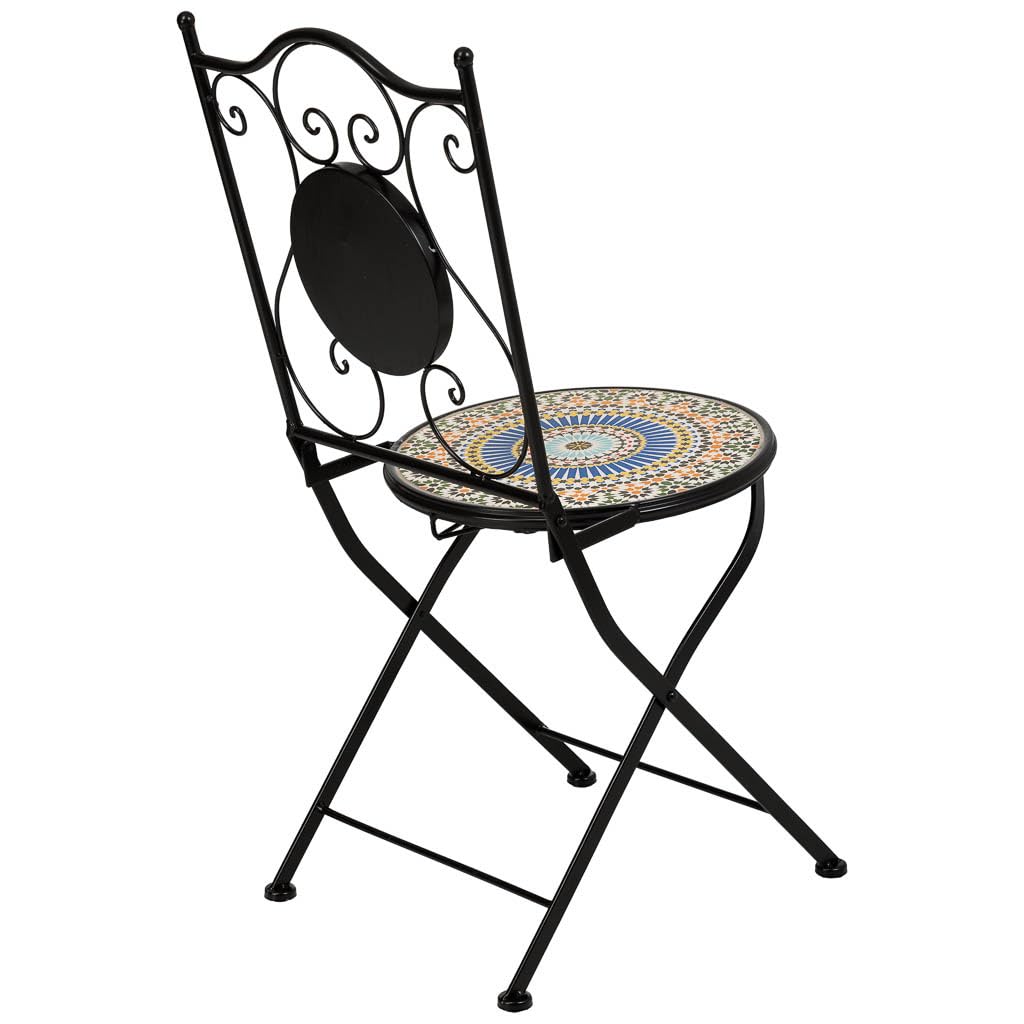 WANDERLUST DECO Conjunto de Jardín Mesa y 2 Sillas de Mosaico Naranja y Forja Negra, Set Bistró para Terraza o Exterior, Mesa Ø60 cm con Sillas Decorativas, Mobiliario Exterior Elegante