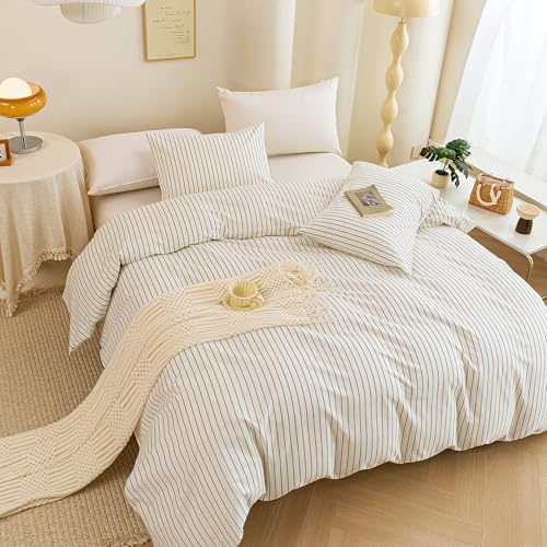 Image of ECOCOTT Stripe Duvet Cover King Size, 100% Washed Cotton Linen Feel Pinstripe Bedding Set - 3pcs Soft Breathable Vertical Striped Comforter Cover with White and Grey Stripes