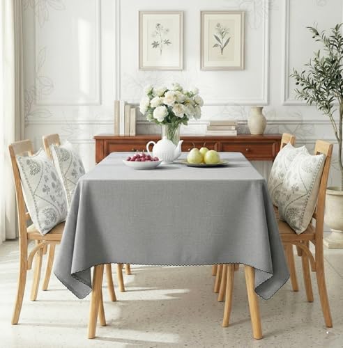 Image of Embroidered Edge Trim Tablecloth - Water & Stain Repellent (100% Cotton) 8 Seater Rectangle Tabelcloth-Deep Grey