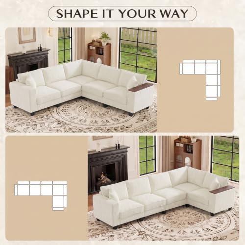 Image of 97 inch L Shaped Couch, 5 Seat Corner Couch with Storage Armrest & 2 Pillows, Convertible V Shaped Sectional Couch, Chenille L Shaped Sectional Couch, Beige Sectional Couches for Living Room