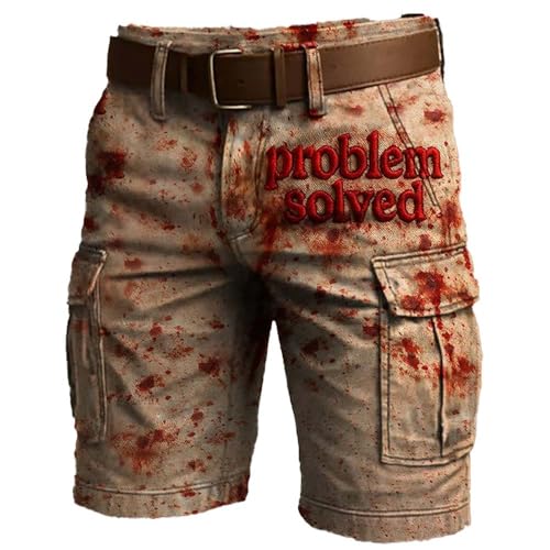 Men's Casual Retro Bloodstained Overalls Pants Bloody Problem Solved Short Halloween Pants for Men