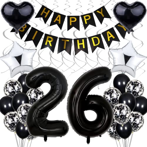 Décorations Ballon 26e Anniversaire, Anniversaire Noir 26 Ans Homme, Décorations de Fête Noir et Blanc, 26e Anniversaire Femme Homme, Décorations Anniversaire Argent 26 Ans Femme, 26e. Décorations d'a