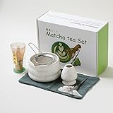 Vonmerie Matcha Set 8-tlg. Premium Set mit Bambus-Chasen, Edelstahl-Löffel, Keramik-Schale (Chawan), Sieb, Ständer & Zubehör - Starterkit für Japanische Matcha Teezeremonie(weiß)