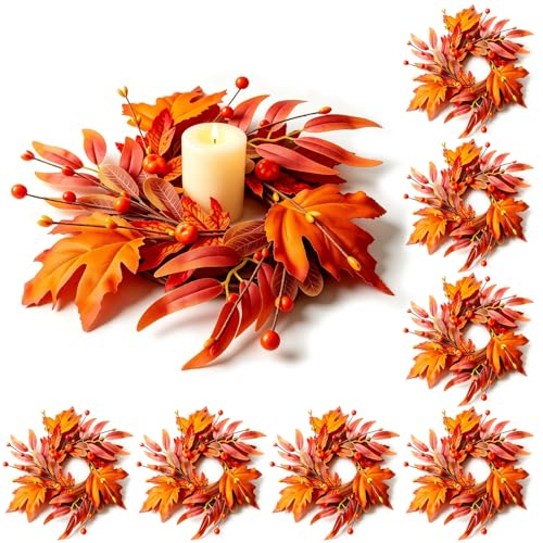 Image of 8 Pcs Mini Fall Wreaths Thanksgiving Table Centerpieces Fall Candle Rings 9 Inch Maple Leaf Wreaths for Cabinets Farmhouse Autumn Wreath for Front Door Porch Wall Window Decorations