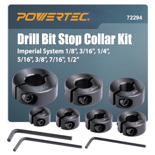 Image of POWERTEC Drill Bit Stop Collar Set, 7 Piece Set Adjustable Drill Bit Depth Stopper with Allen Wrench, Bits Stop with Imperial System Size Markings - 1/8", 3/16", 1/4", 5/16", 3/8", 7/16", 1/2” (72294)