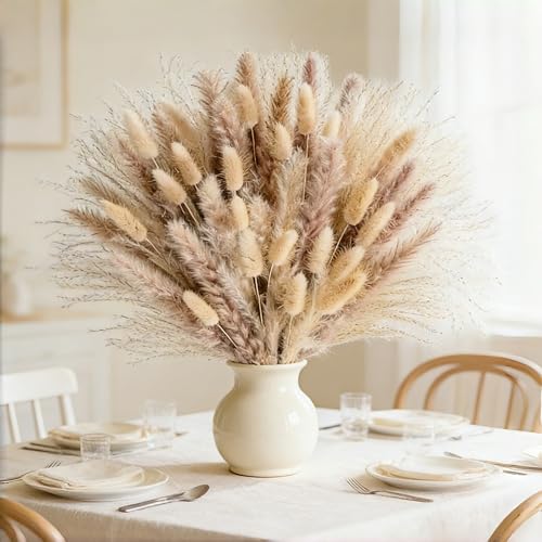 Hapart Fluffy Dried Pampass Grass Bouquet All-Natural Dried Plants with Ivory Bunny Tails for Vase Home Boho Decor Floral Centerpieces for Table 90Pcs