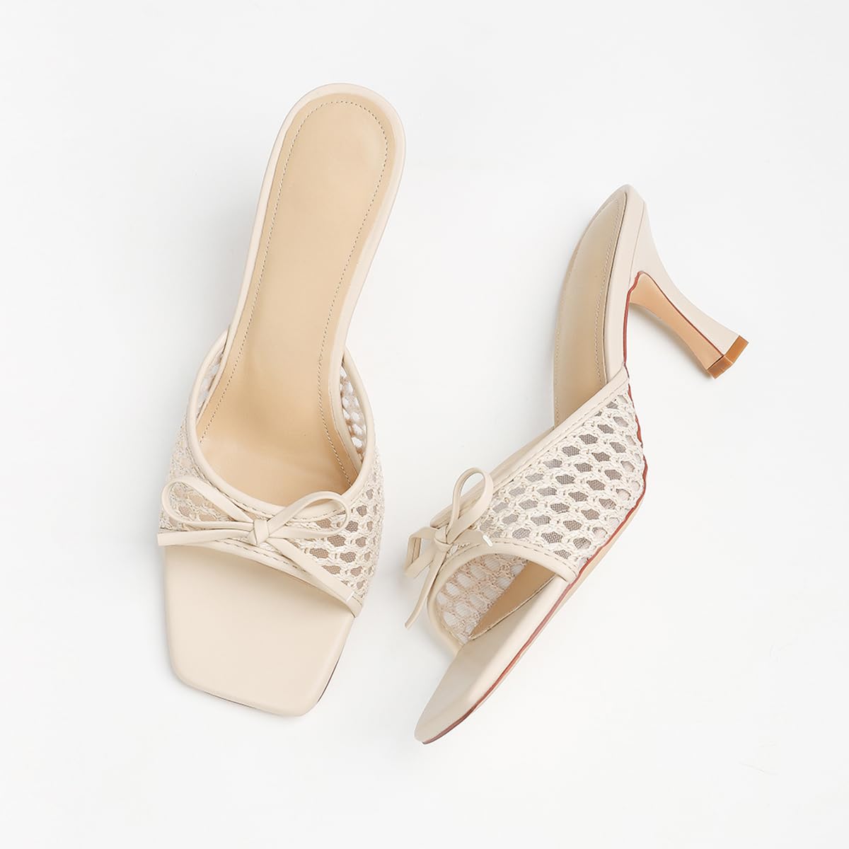Mule Donna in Pizzo Mesh con Fiocco e Punta Quadrata, Tacco a Spillo 8cm - Bianco Panna