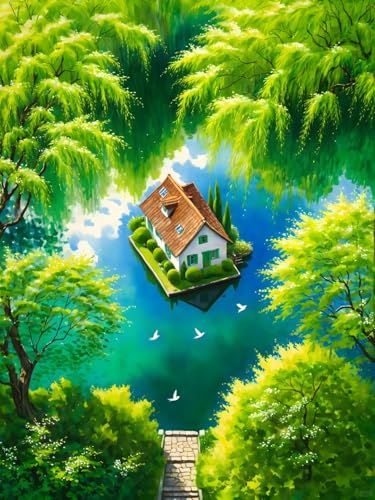 Peinture diamant maison au bord du lac pour décorer le salon au printemps