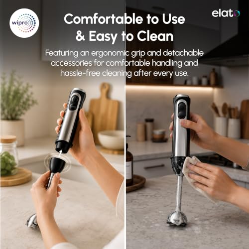 Image of Wipro Elato FMB 204 Hand Blender with Chopper and Whisk|Powerful 200 Watt Copper Motor With Rust Free Steel Arm|3 in1 Multi-functional Mode|Four In One Blade-Churn, Whip,& Blend|Black|2- Year Warranty