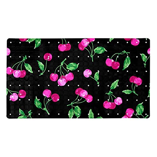 Tapis de bain antidérapant pour baignoire ou douche Motif cerisier sur fond noir avec ventouses et trous d'évacuation 40 x 70 cm