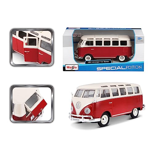 Maisto VW Bus Samba Modellauto im Maßstab 1 25, Türen und Heckklappe zum Öffnen, 20 cm, Farbe wird nach dem Zufallsprinzip versendet, Farblich Sortiert, Blau