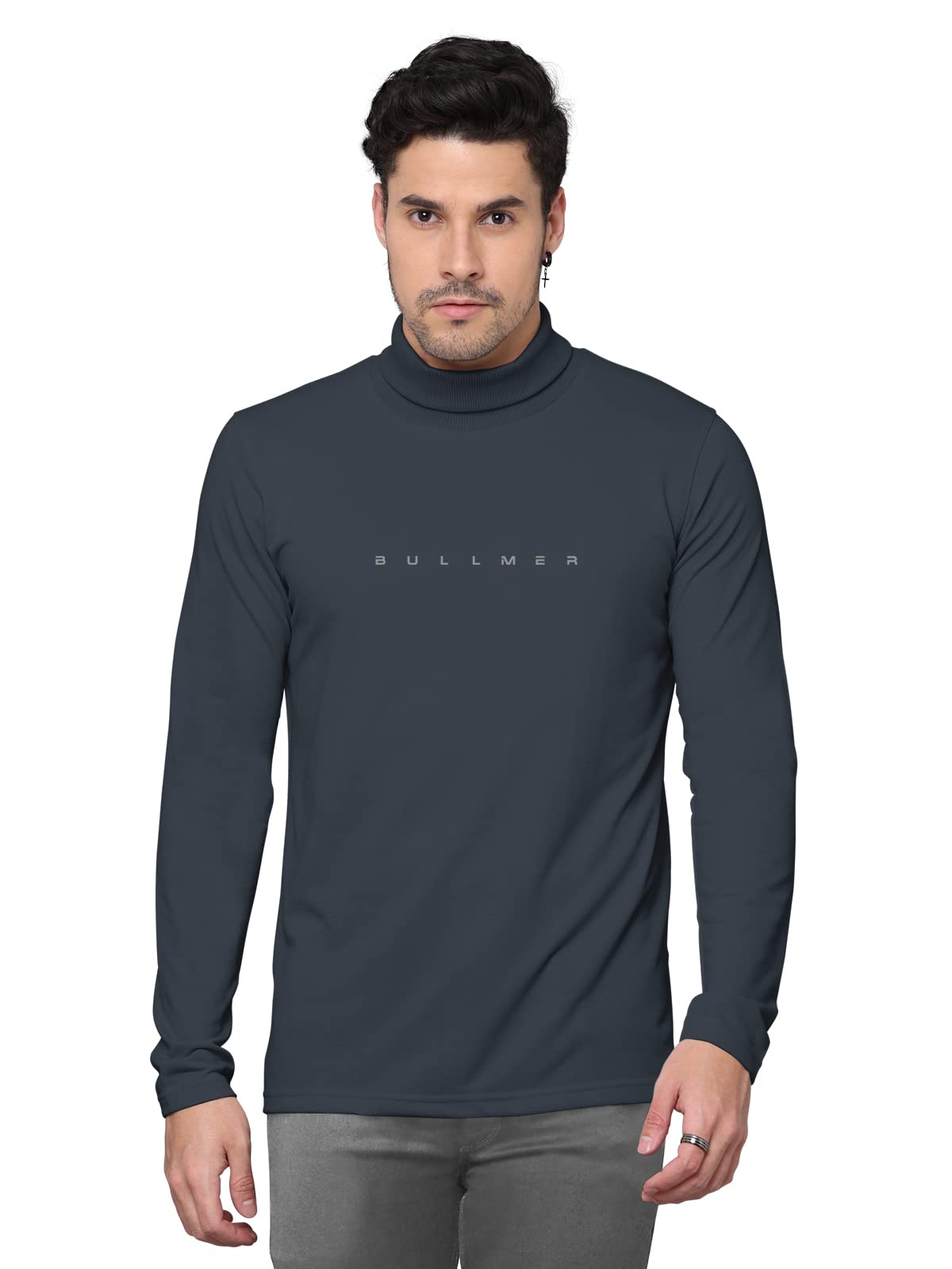 BULLMER Solid Cotton Blended Full Sleeve Turtle Neck Tshirt for Men