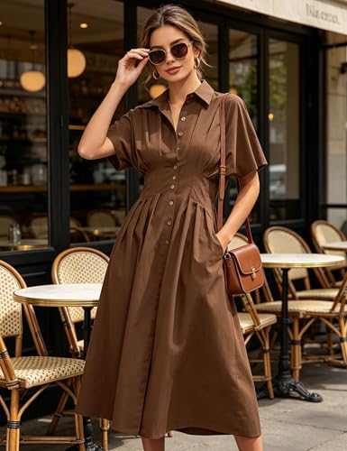 Image of Yeokou Shirt Dress for Women Summer Casual Short Sleeve Button Down Loose Pleated Maxi Sundress with Pockets