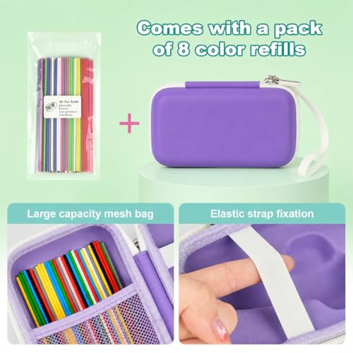 Image of ANKHOH 3D Printing Pen Case for 3Doodler Start+, 72 Pen Refills Included | Hard shell storage with grooved base, mesh pocket and hand strap for school or travel; 3D pen not included, Purple
