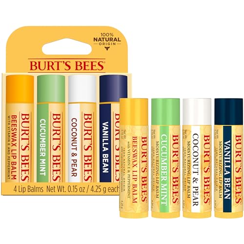 Image of Burt's Bees 100% Natural Moisturizing Lip Balm, Multipack - Original Beeswax, Cucumber Mint, Coconut & Pear and Vanilla Bean with Beeswax & Fruit Extracts - 4 Tubes