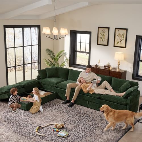 Image of Ihanherry 135 inch Modular Sectional Sofa with Storage, U Shaped Cloud Couch with Movable Ottomans & 4 Pillows, Chenille Deep Seat Sectional Couches for Living Room, Apartment (Green)