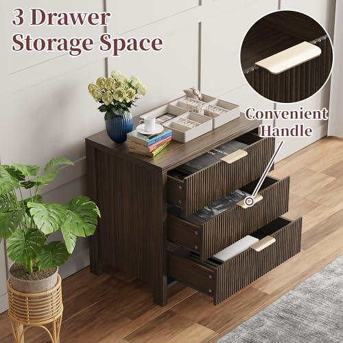 Image of Fluted Nightstands Set of 2, 23.7'' Wide Night Stand with 3 Drawers, Mid-Century Modern Bedside Table with Handles, Wood End Table for Bedroom, Brown