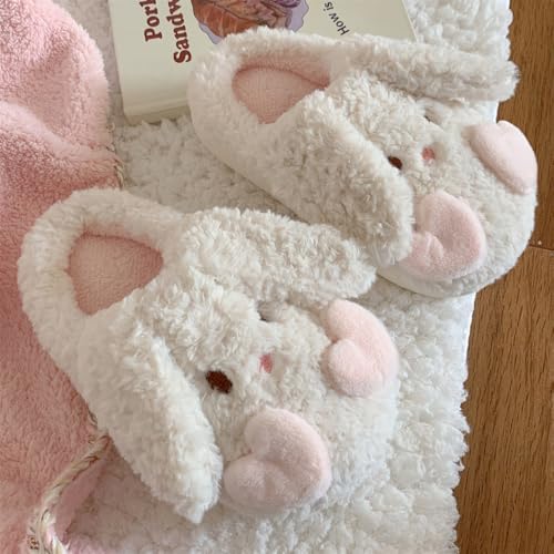 Women Cute Bunny Fluffy Slippers Cozy Rabbit Theme Warm House Shoes Comfortable Soft Sole Indoor Slipper Booties (US8.5-9,White,8.5,9)3