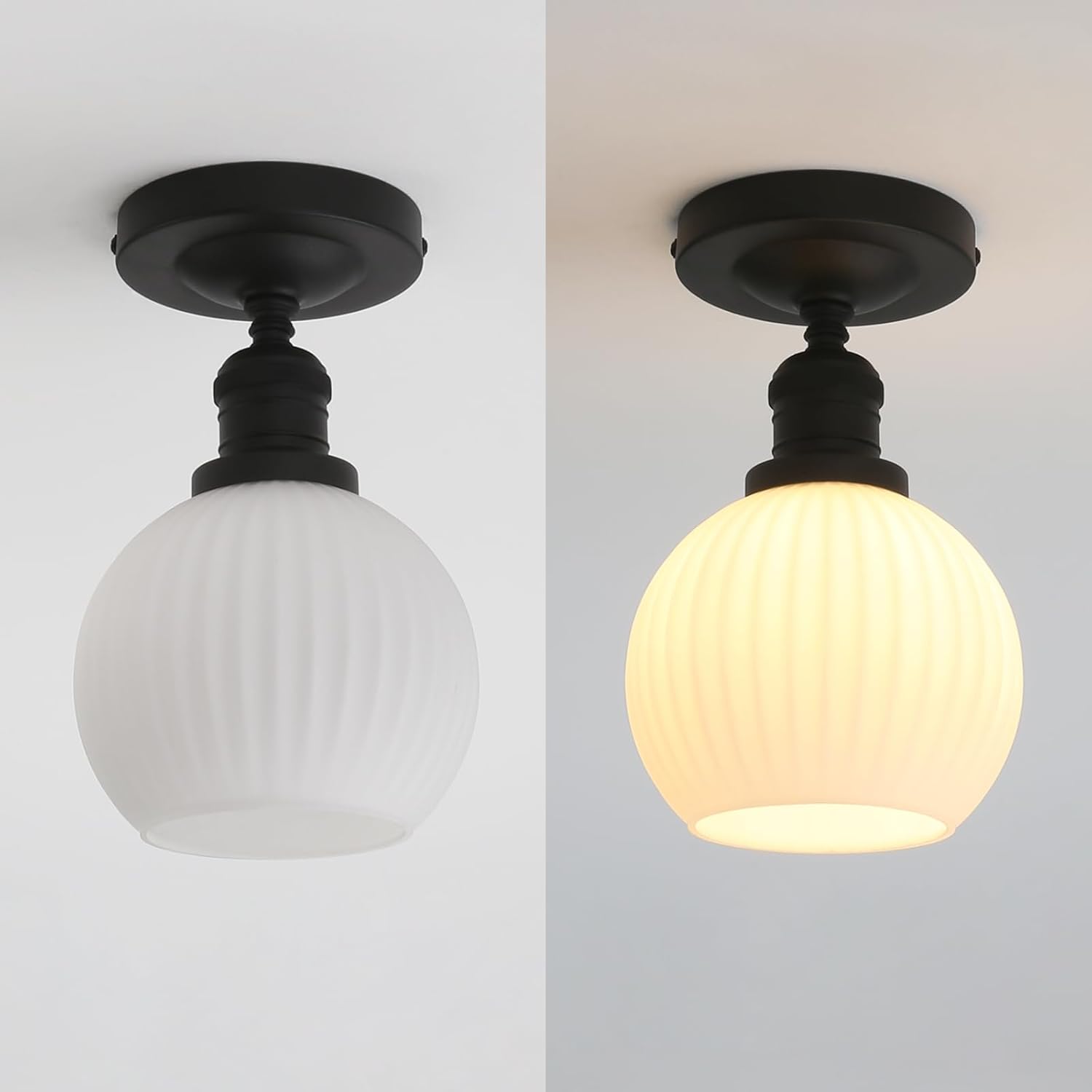 Industrial Globe Semi Flush Mount Pendant Ceiling Light with White Glass Lampshade, Vintage Close to Ceiling Light Fixture for Porch, Hallway, Entryway, Kitchen, Bedroom, Hotel