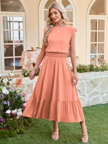 Image of Kikibell Womens Summer Dresses Cap Sleeve Elastic Waist Midi Dress with Pocket Long Causal Sundress Beach Vacation Outfits