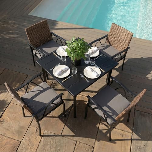 Image of 5-Piece Patio Dining Set for 4, Outdoor Dining Set with 4 Wicker Patio Dining Chairs with Cushions & 1 Black Square Woodgrain Dining Table with 1.75 inch Market Umbrella Hole, Black & Brown