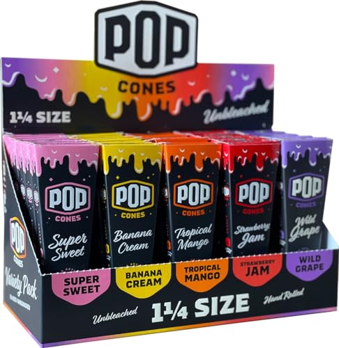 Pop Cones Pre Rolled Cones with a Flavor Burst Pop Inside A Tip | 6 Cones Per Box Pack of 25 | (Variety Pack 1 1/4 (Unbleached))