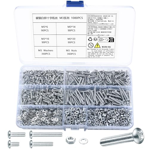 1080 Piezas M3 Tornillos de Cabeza Plana y Tuercas y Arandelas, Kit de Surtido Hexagonal Tornillos de Cruz y Tuercas con Arandelas Planas para Electrónica Industrial, Oficina en Casa