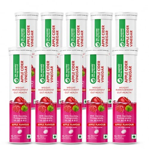 Image of Dr. Vaidya's Apple Cider Vinegar (ACV) Effervescent Tablets with Garcinia, Pomegranate, Vitamin B6 & B12 | Supports Weight Management, Metabolism, Digestion & Gut Health | Tasty Apple Flavour | 15 Tablets per Pack , Pack of 10
