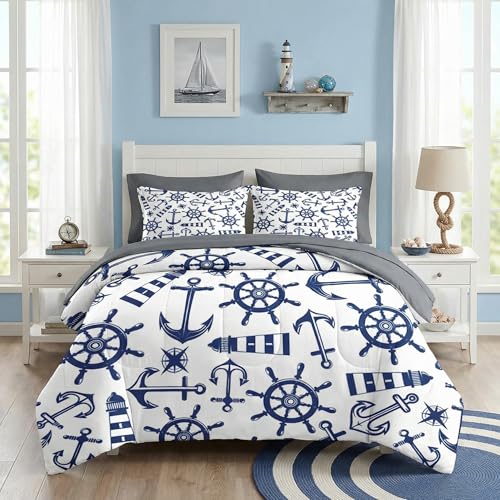 Pamnest Comforter Set Full Size, Nautical Anchors Navy Blue 7 Pcs Bedding for Kids and Adults, Retro...